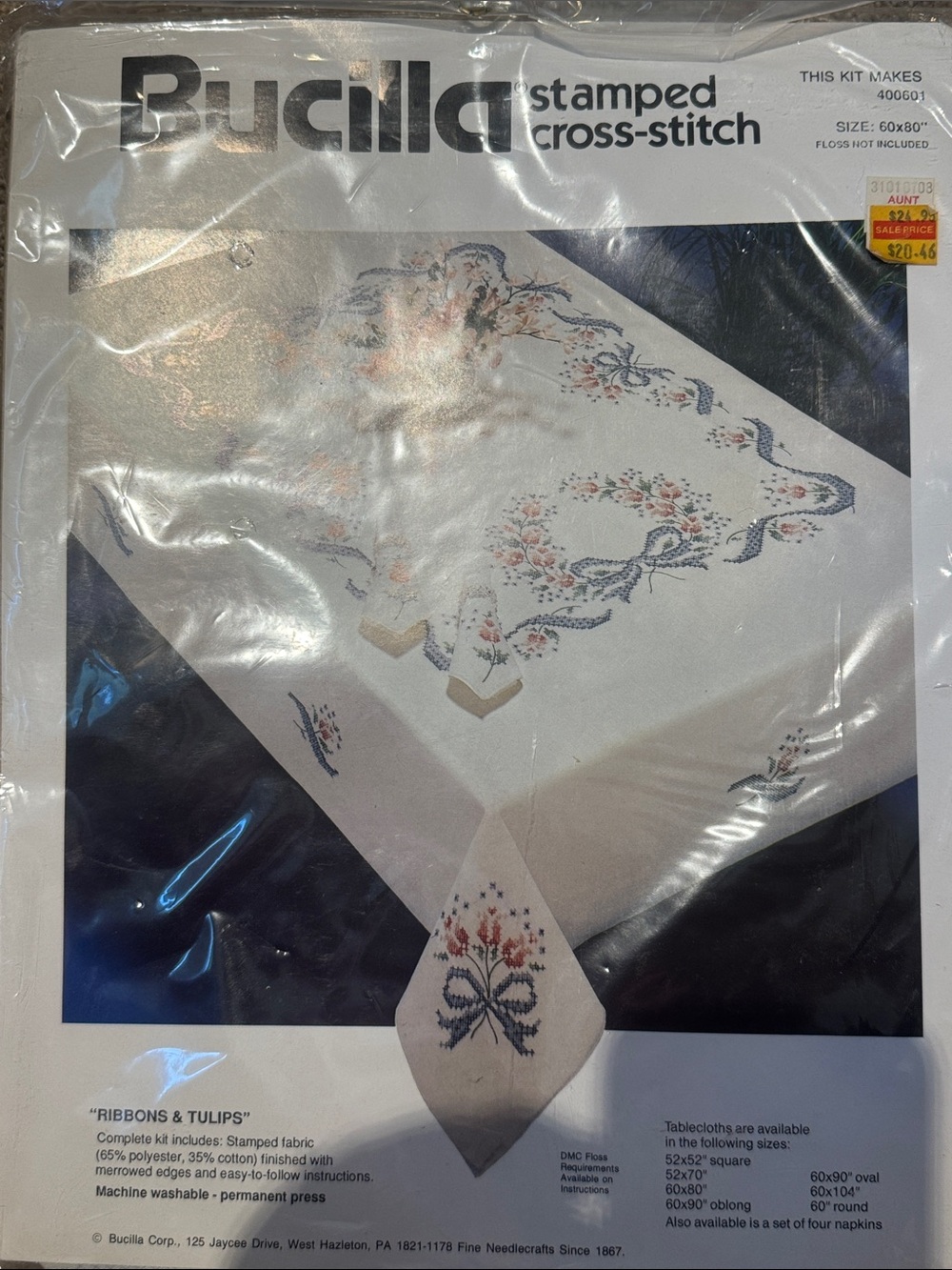 Bucilla White Tablecloth with Blue Ribbon and Pink Tulips cross stitch 60x80